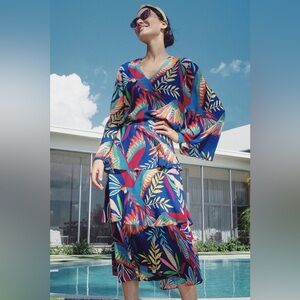 Farm Rio Anthropologie Fatima Tiered Midi Skirt & Kaia Blouse SET Blue Tropical